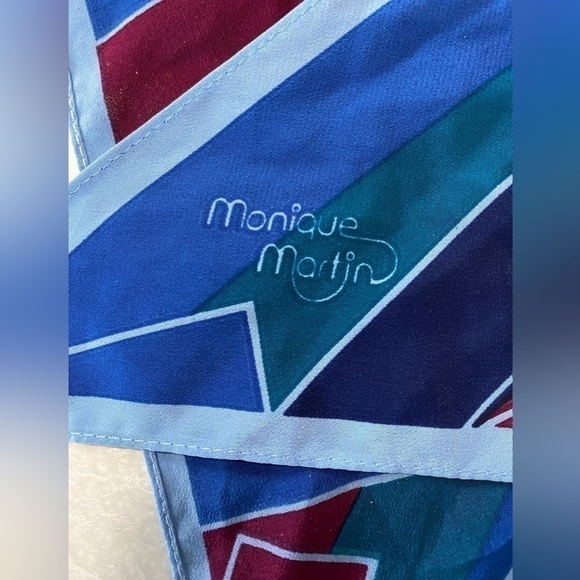Vintage blue scarf long Monique Martin 80s scarf stripes blue green navy - Picture 3 of 7